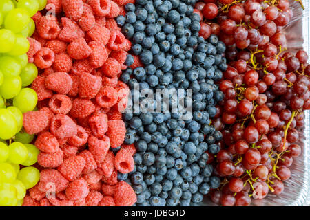Fresh organic pomegranate seeds, blackberries, raspberries, blueberries and strawberries in lines next to each other Stock Photo
