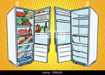 Two refrigerators. One with food and the other empty Stock Vector