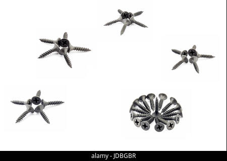 Four five-pointed stars and a circular composition are lined with black Oxidized self-tapping screw isolated on white background Stock Photo