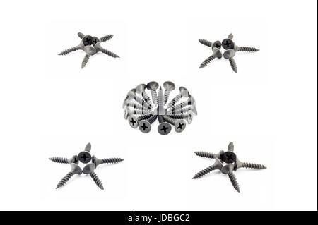 Four five-pointed stars and a circular composition are lined with black Oxidized self-tapping screw isolated on white background Stock Photo