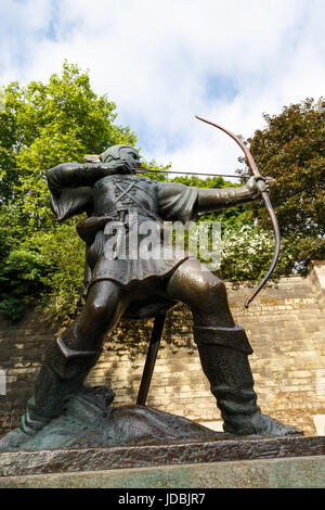 NOTTINGHAM, ENGLAND - JUNE 17: Low angle view of statue of Robin Hood, near Nottingham Castle. In Nottingham, England. On 17th June 2017. Stock Photo