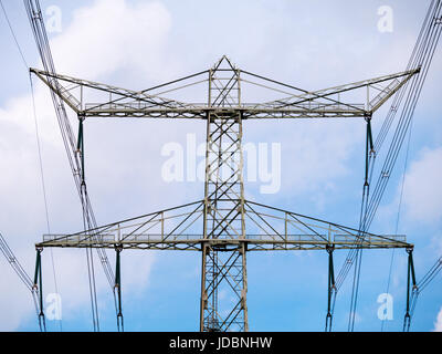 High voltage electric power transmission lines and pylon for electricity transport, Netherlands Stock Photo