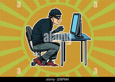 hacker sitting at the computer. Pop art retro vector illustration Stock Vector
