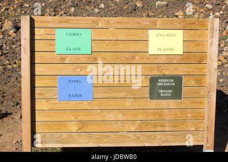 Four recycle bins for different waste. Paper, glass, food and plastic Stock Photo