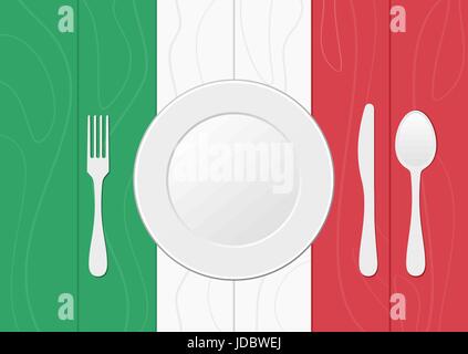Fork, knife, spoon and plate over Italian flag on wood texture, green, white, red. Table setting for dinner. Italian cuisine concept. Cutlery. Vector Stock Vector