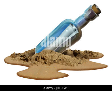 Message in a bottle isolated on a white background concept as a note on a sealed glass container as a communication metaphor for sending a letter. Stock Photo