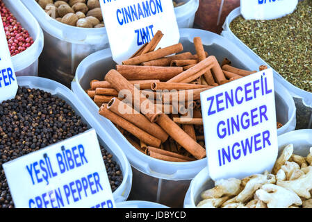 Various spices on the market in Fethiye, Turkey Stock Photo