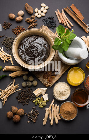 Indian Ayurvedic dietary supplement called Chyawanprash / chyavanaprasha is a cooked mixture of sugar, honey, ghee, Indian Gooseberry (amla), jam, ses Stock Photo