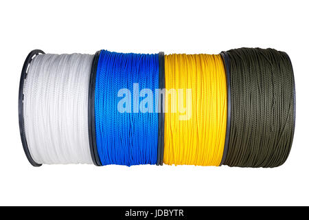 Four coils of synthetic ropes of different colors standing next to each other Stock Photo