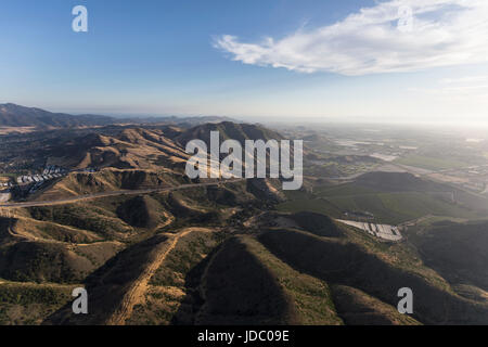 Aerial of hills and 101 freeway between Thousand Oaks and Camarillo in Ventura County, California. Stock Photo