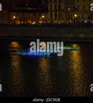 Traditional San Ranieri Regatta in Pisa. The famous Luminaria is dedicated to San Ranieri since 1688, when the grand duke of Tuscany, Cosimo de’ Medici, decided to put his body into a precious, marble tomb. At sunset, every June 16, thousands of candles previously put onto Pisa’s bridges, near doors and windows are lit up. (Photo by Lorenzo Apra / Pacific Press) Stock Photo