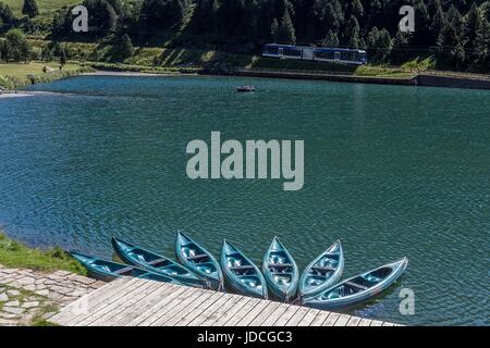 Europe,Spain,Catalonia, Girona, Lake of Nuria Valley, canoes and rack railway Stock Photo