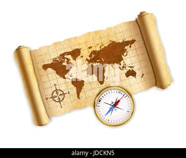 Ancient world map on old textured scroll with glossy compass on white Stock Vector