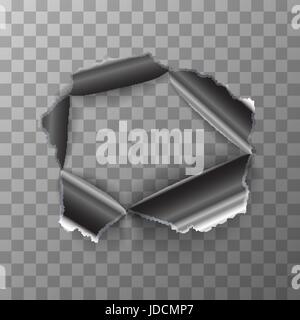 Torn hole in glossy metal plate on transparent background Stock Vector