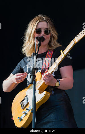 Thornhill, Scotland, UK - August 27, 2016: Guitarist and vocalist, Stina Marie Claire Tweeddale, of Scottish duo Honeyblood, at Electric Fields Stock Photo