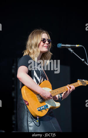 Thornhill, Scotland, UK - August 27, 2016: Guitarist and vocalist, Stina Marie Claire Tweeddale, of Scottish duo Honeyblood, at Electric Fields Stock Photo