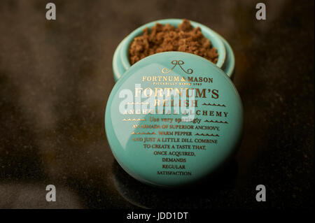 Fortnum and Mason, Fortnum's Relish Anchovial Alchemy in a small porcelain pot with gold lettering on a slate background Stock Photo
