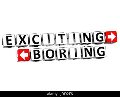 3D Exciting Boring Button Click Here Block Text over white background Stock Photo