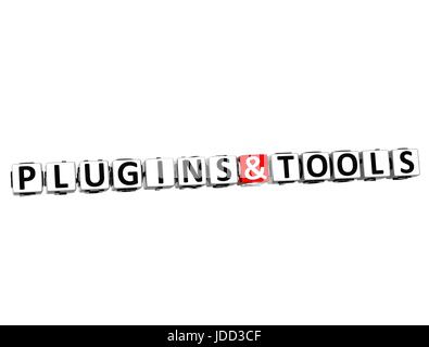 3D Block Text PLUGINS AND TOOLS over white background. Stock Photo