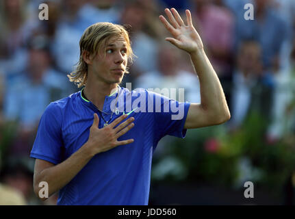 Canada's Denis Shapovalov celebrates beating Great Britain's Kyle Edmund during day one of the 2017 AEGON Championships at The Queen's Club, London. Stock Photo