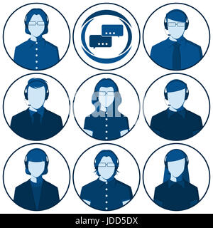 Customer service representative - set of flat avatars of men and women with headset. Male and female silhouettes of call center operators for userpics. Stock Photo