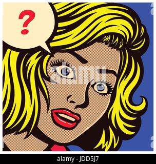 Pop art style comic book panel with confused, puzzled or perplexed woman and speech bubble with question mark vector poster design illustration Stock Vector