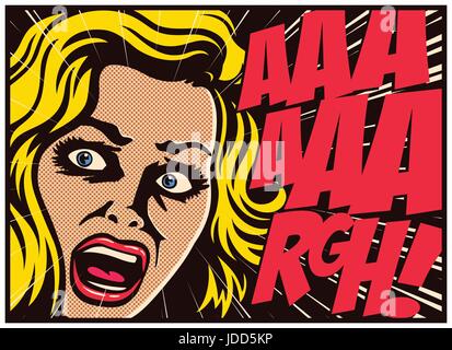 Pop Art style comic book panel with terrified woman in a panic screaming in fear vector poster design illustration Stock Vector