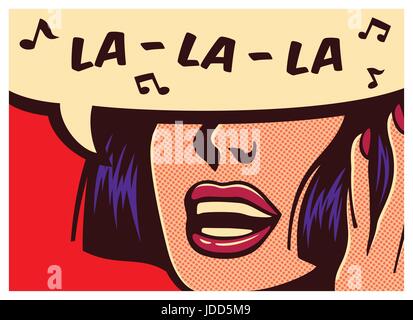 Pop art style comic book panel with woman singing carefree naive childish silly melody la la la in speech bubble vector illustration Stock Vector