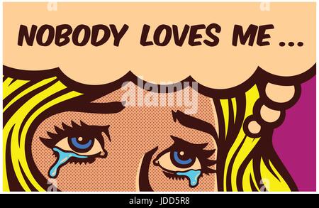 Eyes shedding tears of sad broken hearted single girl crying for loneliness pop art style comic book panel vector wall decoration design illustration Stock Vector