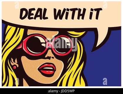 Deal with it! Vintage pop art comic book panel cool imperturbable cynical indifferent girl with sunglasses with speech bubble vector illustration Stock Vector