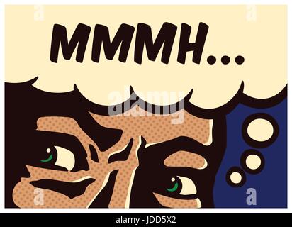 Retro pop art comic book panel perplexed and suspicious man thinking and mumbling vector poster illustration Stock Vector