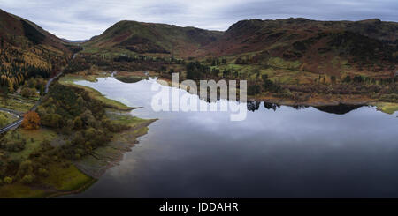 Aerial view by drone of Thirlmere, looking south towards Dunmail Raise and Grasmere Stock Photo