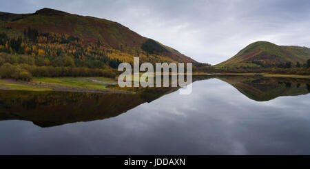 Aerial view by drone of Thirlmere, looking south towards Dunmail Raise and Grasmere Stock Photo