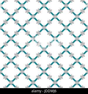 Flowers background, vector seamless pattern. Black, white and dark aquamarine color. Geometrical flowers, arranged in the form of a grid with stripes Stock Vector