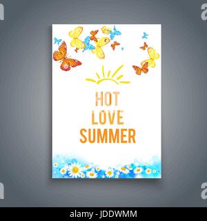 Summer blank with butterflies.Summer sky background. Bright summer blank with flowers and butterflies. Nature template for design banner,ticket, leafl Stock Vector