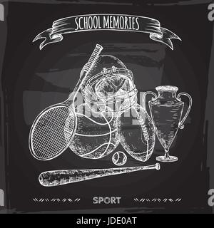 Antique sport gear hand drawn sketch on blackboard background. Stock Vector