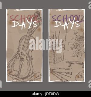 Two banners with school related sketches featuring art tools and violin. Stock Vector