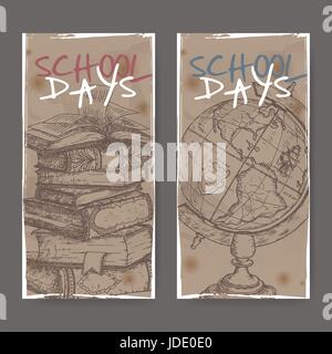 Two banners with school related sketches featuring books and globe.