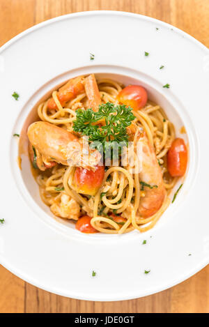 Prawn Pasta with Lobster bisque sauce Stock Photo