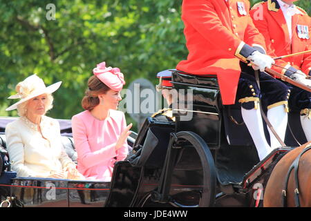 Trooping the color, London, England - June 17, 2017: Prince Harry, Kate Middleton and Camilla Parker Bowles in an open carriage, trooping the color 2017 for the Queens official birthday, London, UK. stock photo, stock, photograph, image, picture press Stock Photo