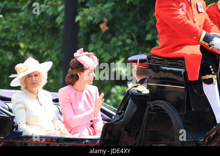 Trooping the color, London, England - June 17, 2017: Prince Harry, Kate Middleton and Camilla Parker Bowles in an open carriage, trooping the color 2017 for the Queens official birthday, London, UK. stock photo, stock, photograph, image, picture press Stock Photo