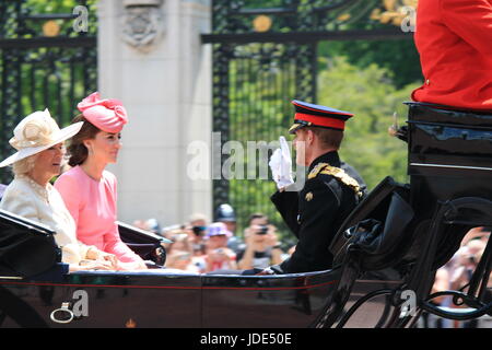 Trooping the color, London, England - June 17, 2017: Prince Harry, Kate Middleton and Camilla Parker Bowles in an open carriage, trooping the color 2017 for the Queens official birthday, London, UK. stock photo, stock, photograph, image, picture press Stock Photo