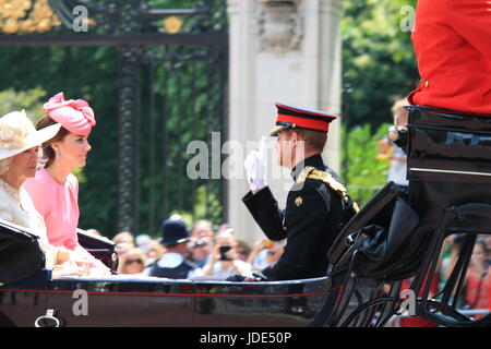 Trooping the color, London, England - June 17, 2017: Prince Harry, Kate Middleton and Camilla Parker Bowles in an open carriage, trooping the color 2017 for the Queens official birthday, London, UK. stock photo, stock, photograph, image, picture press Stock Photo