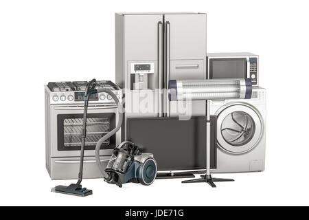 Set of household appliances. Washing machine, fridge, gas stove, microwave oven, tv set and vacuum cleaner. 3D rendering Stock Photo