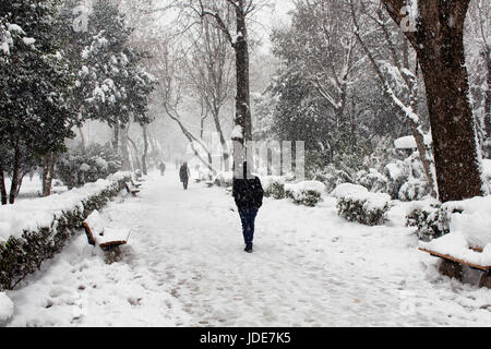 People walk at park called 'Macka Demokrasi - Sanat Parki'. It snows heavily. Winter and loneliness concept. Stock Photo