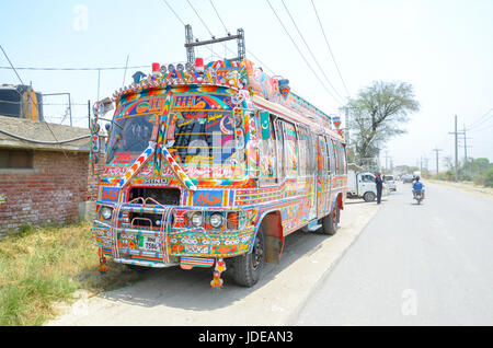 Elaborated Traditional Pakistani Bus, Lahore, Pakistan Stock Photo