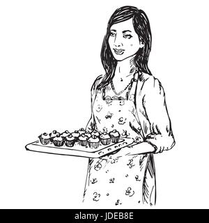 Young housewife dressed in apron, hold a baking tray with cupcakes, hand drawn doodle, sketch in pop art style, black and white vector illustration Stock Vector