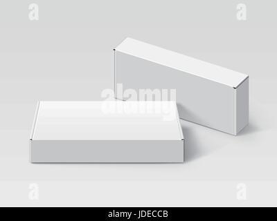 two white blank boxes, one right tilt, isolated gray background, 3d illustration, elevated view Stock Vector