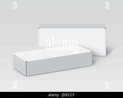 two white blank boxes, one left tilt, isolated gray background, 3d illustration, elevated view Stock Vector