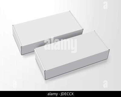 two left tilt white blank boxes, isolated white background, 3d illustration, elevated view Stock Vector